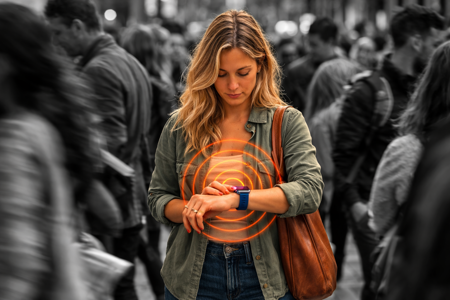 Woman checking Apple Watch with haptic pulse rings visualised